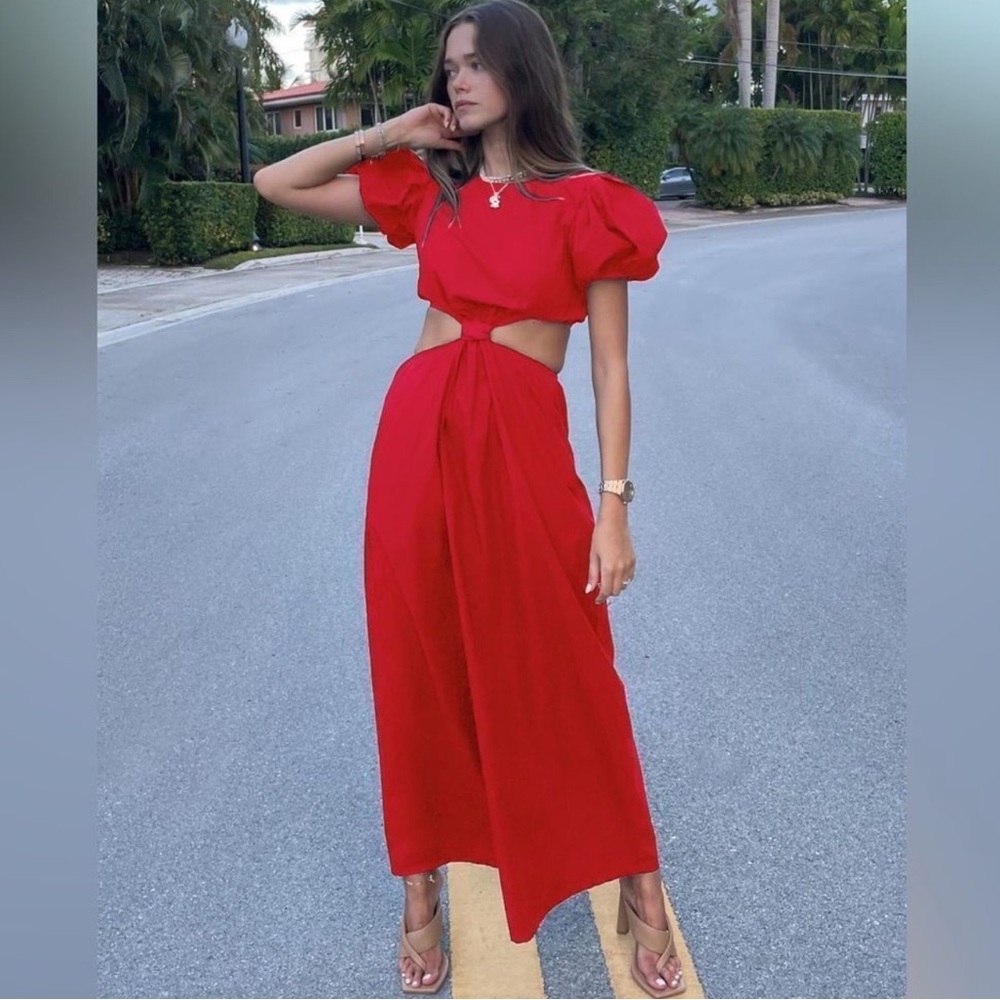 REVOLVE- VERIE Red Ruched Ruffled Sundress